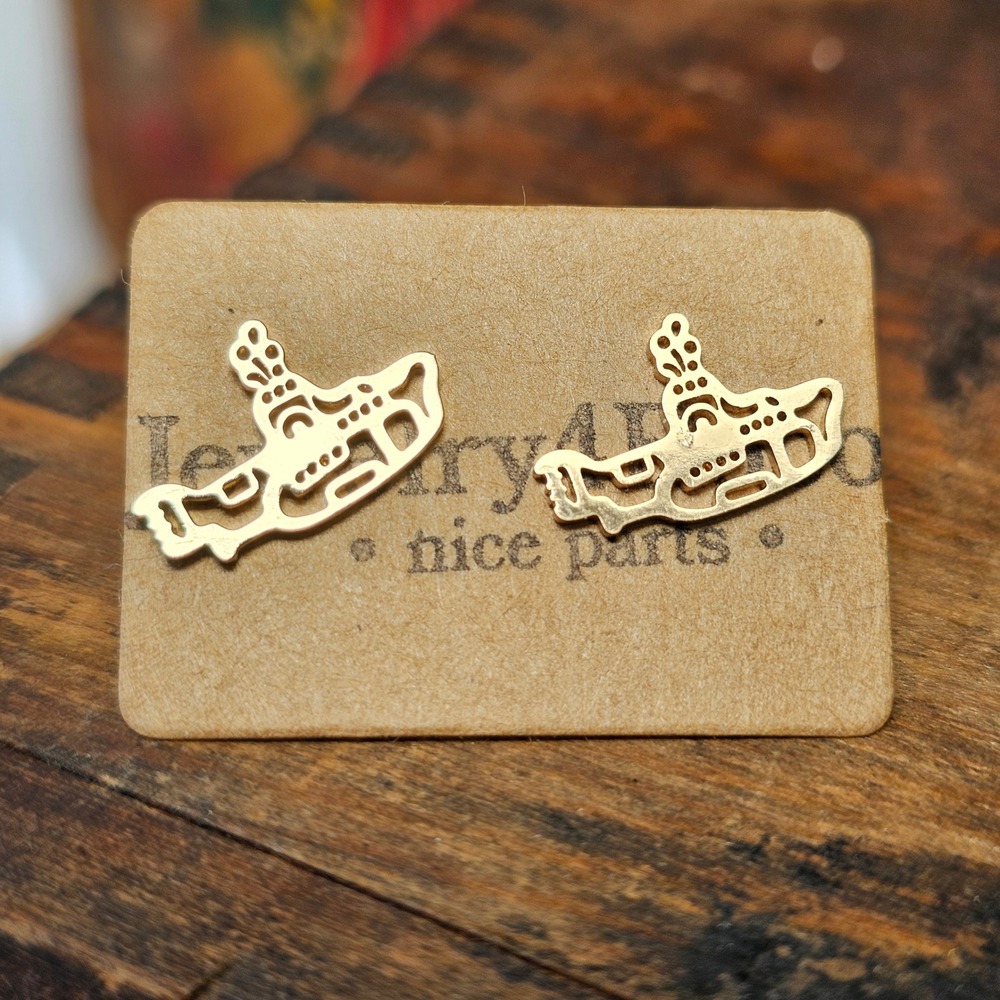 Yellow Submarine Stud Earrings Women OS Gold Tone Stainless Steel Retro Music